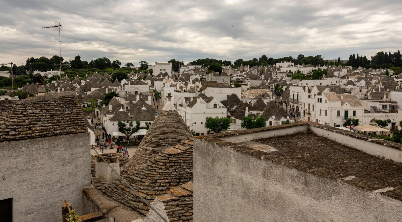 Panorama of the trulli town from a rooftop terrace